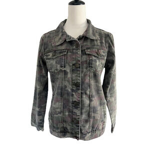 Thrill Camo Denim Trucker Jacket Womens Large Lace Up Detail Streetwear Military